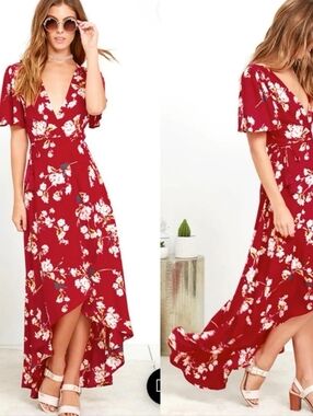 Lulu's Red Floral Wrap Maxi Dress with Cream & Pink Blooms
